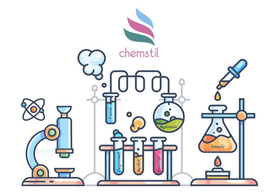 Laboratorium Chemstil — mikroskop, probówki, kolby z produktami Degramet, Acidol, Emulcid, Hydraulic, Emulic